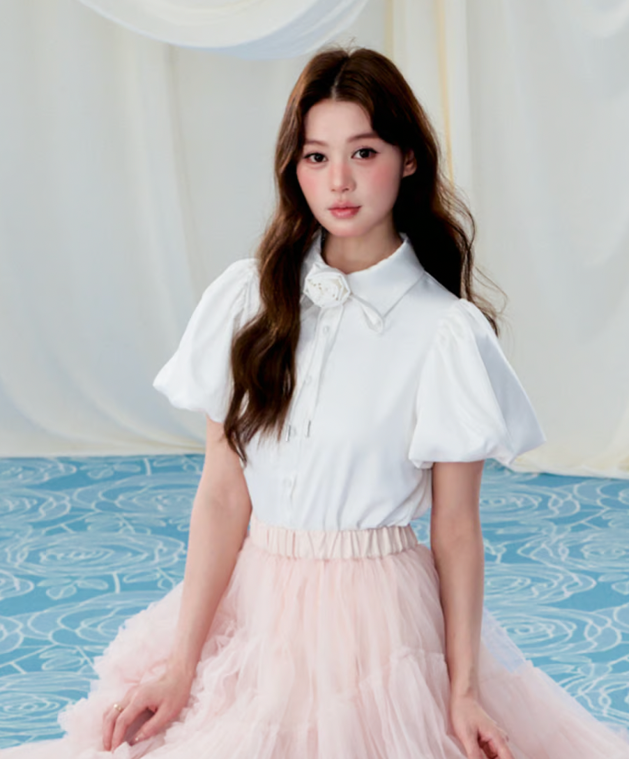 Rose choker satin puff blouse