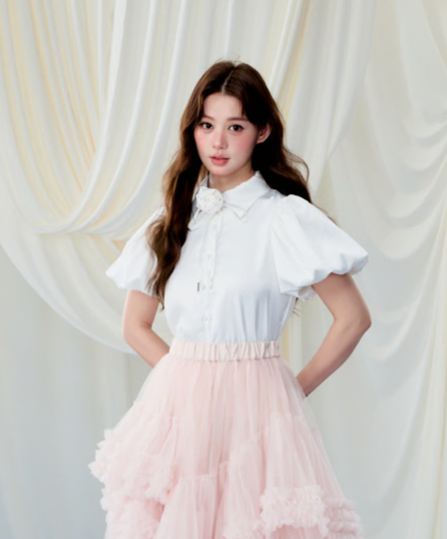 Rose choker satin puff blouse