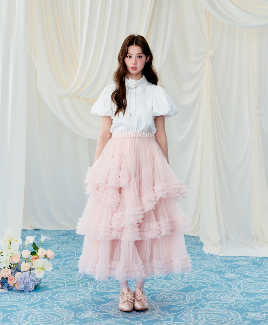 Rose choker satin puff blouse