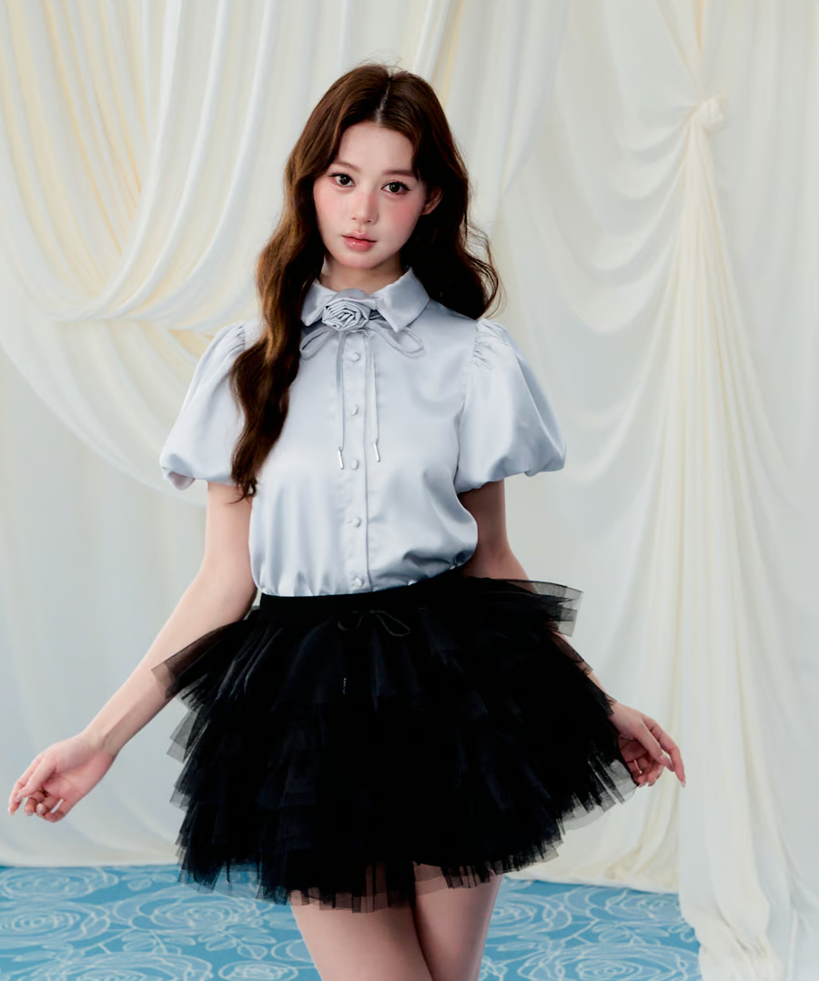 Rose choker satin puff blouse
