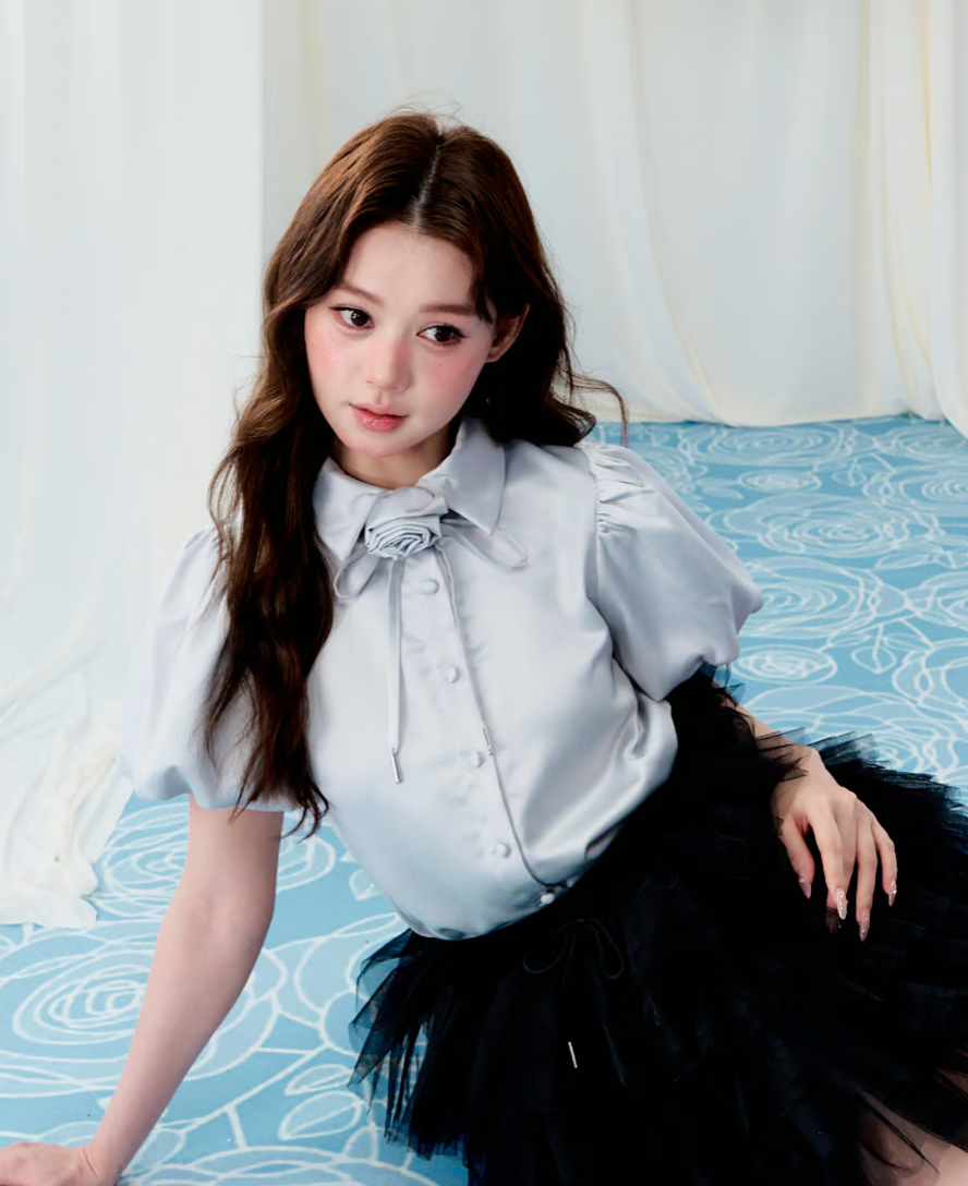 Rose choker satin puff blouse