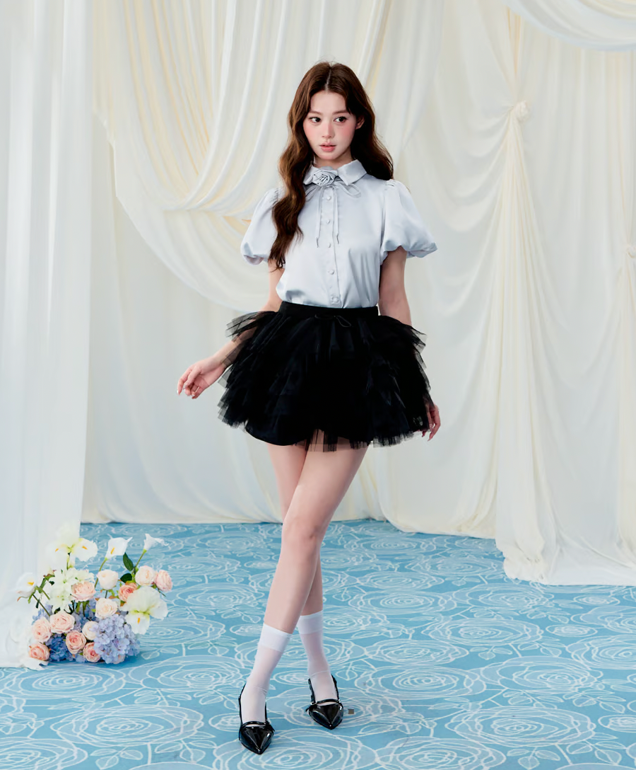 Rose choker satin puff blouse