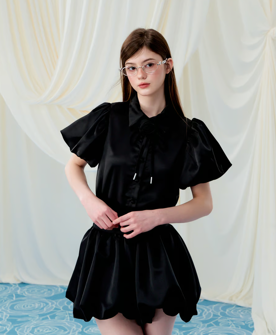 Rose choker satin puff blouse
