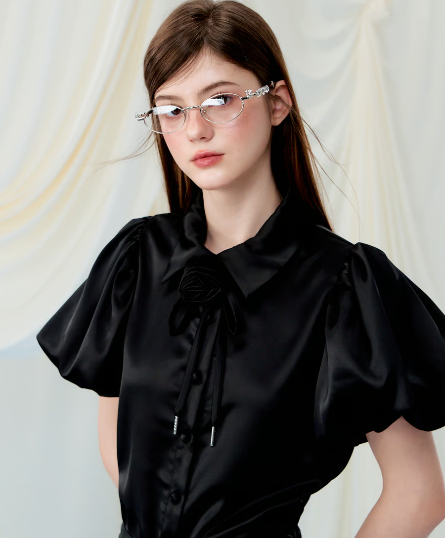 Rose choker satin puff blouse