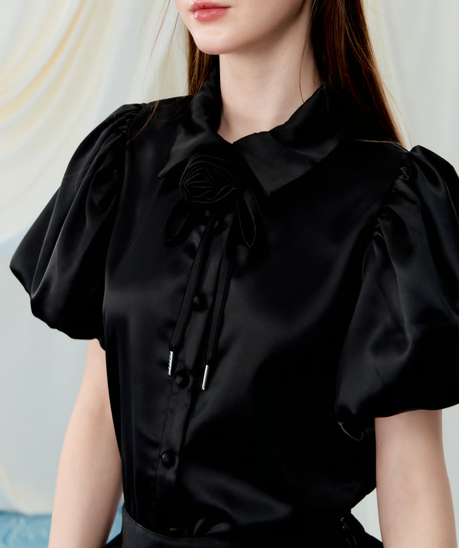 Rose choker satin puff blouse
