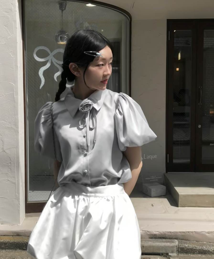 Rose choker satin puff blouse