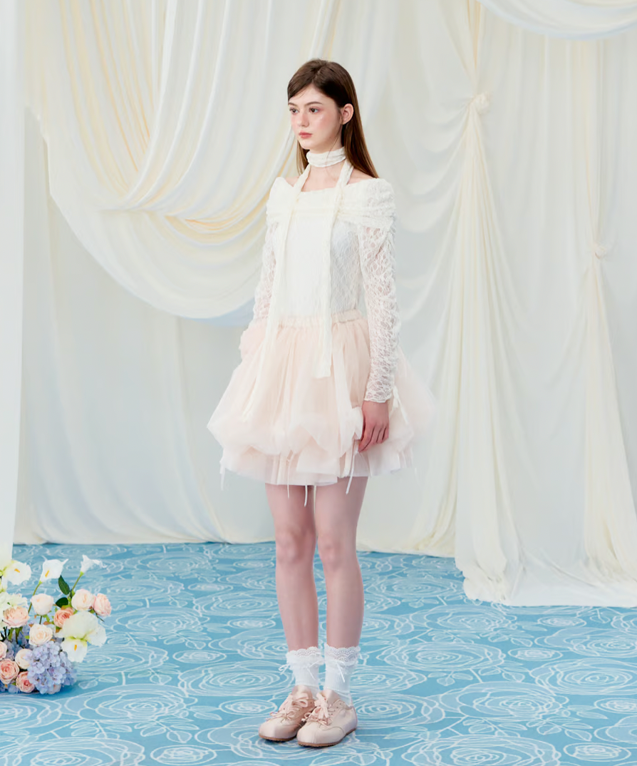 【Delivery within 2 weeks】Rose motif ribbon tulle skirt(mini)