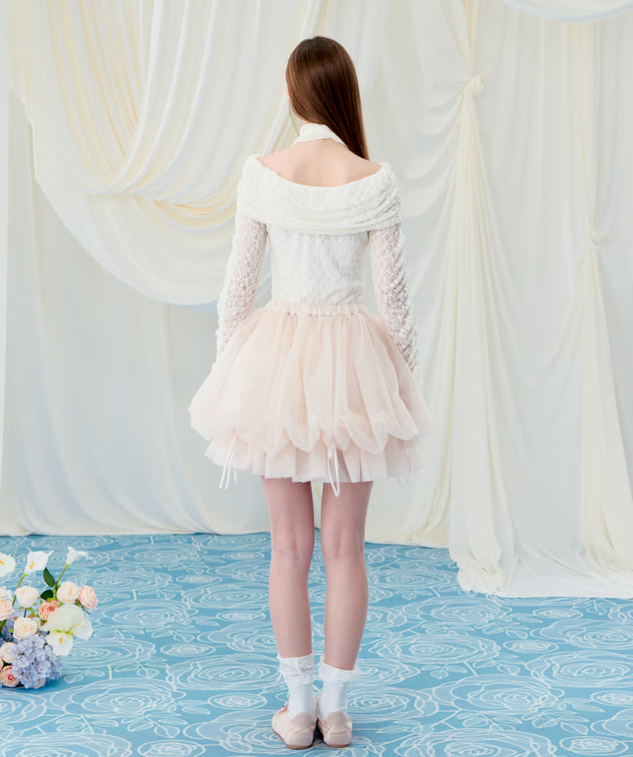 【Delivery within 2 weeks】Rose motif ribbon tulle skirt(mini)