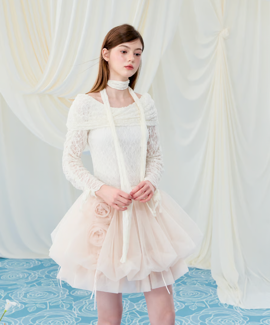 【Delivery within 2 weeks】Rose motif ribbon tulle skirt(mini)