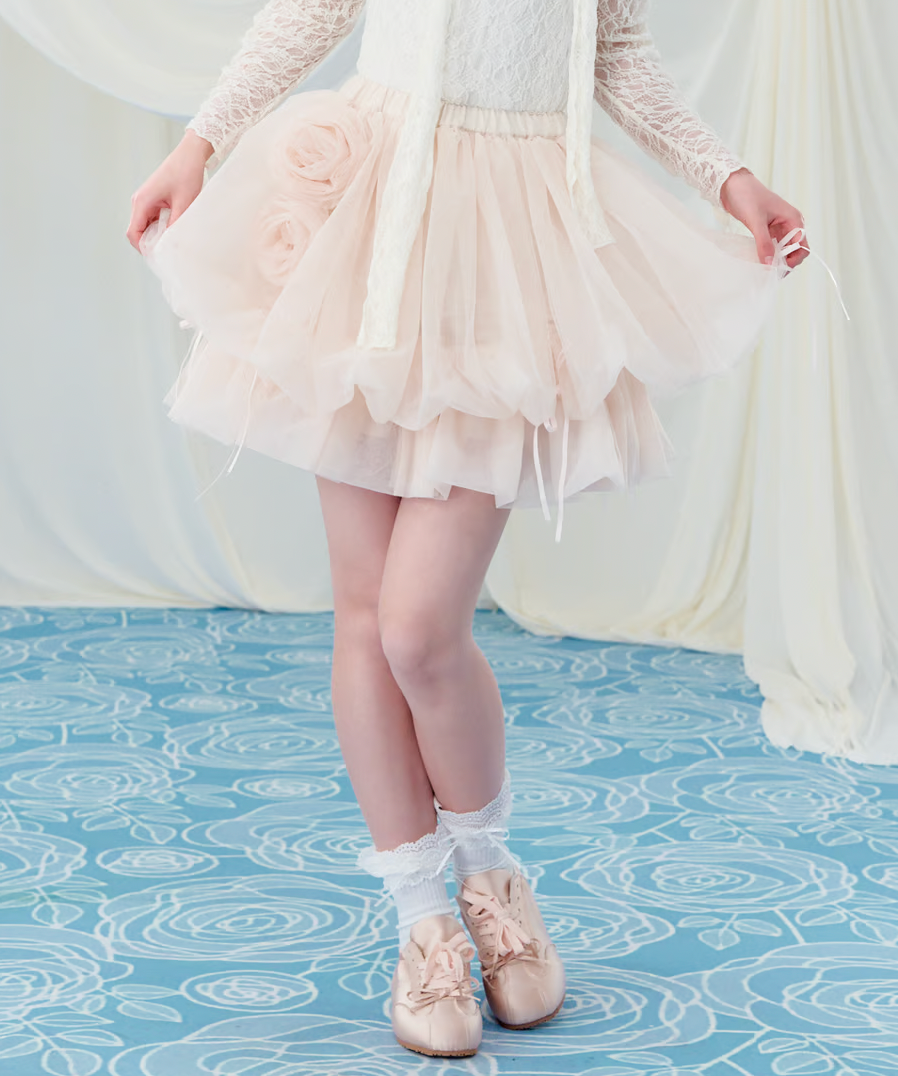 【Delivery within 2 weeks】Rose motif ribbon tulle skirt(mini)