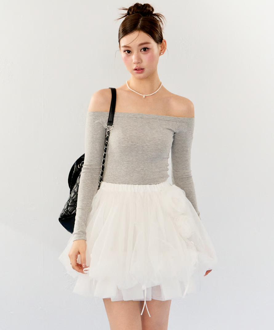 【Delivery within 2 weeks】Rose motif ribbon tulle skirt(mini)