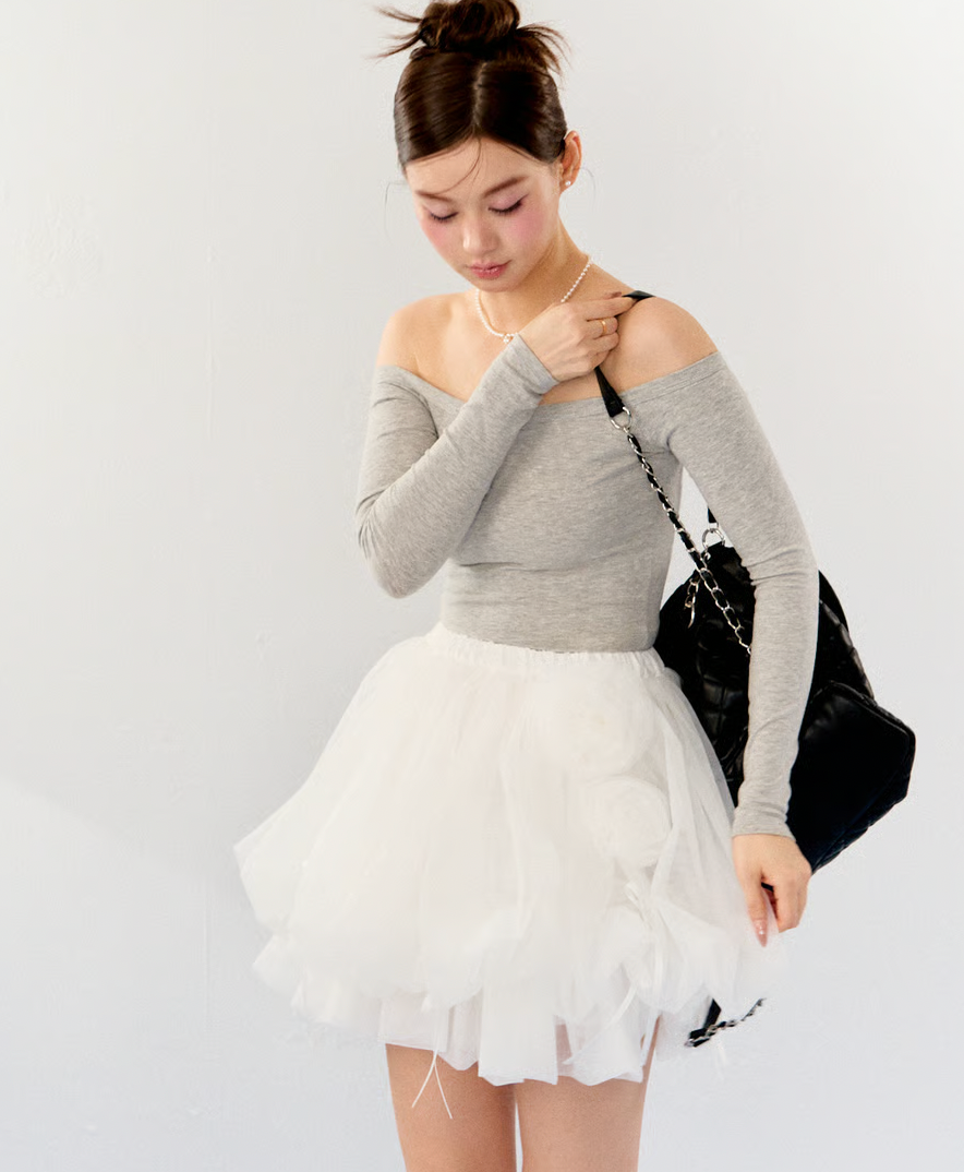 【Delivery within 2 weeks】Rose motif ribbon tulle skirt(mini)