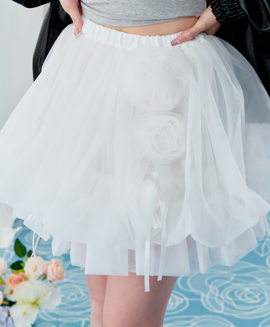 【Delivery within 2 weeks】Rose motif ribbon tulle skirt(mini)