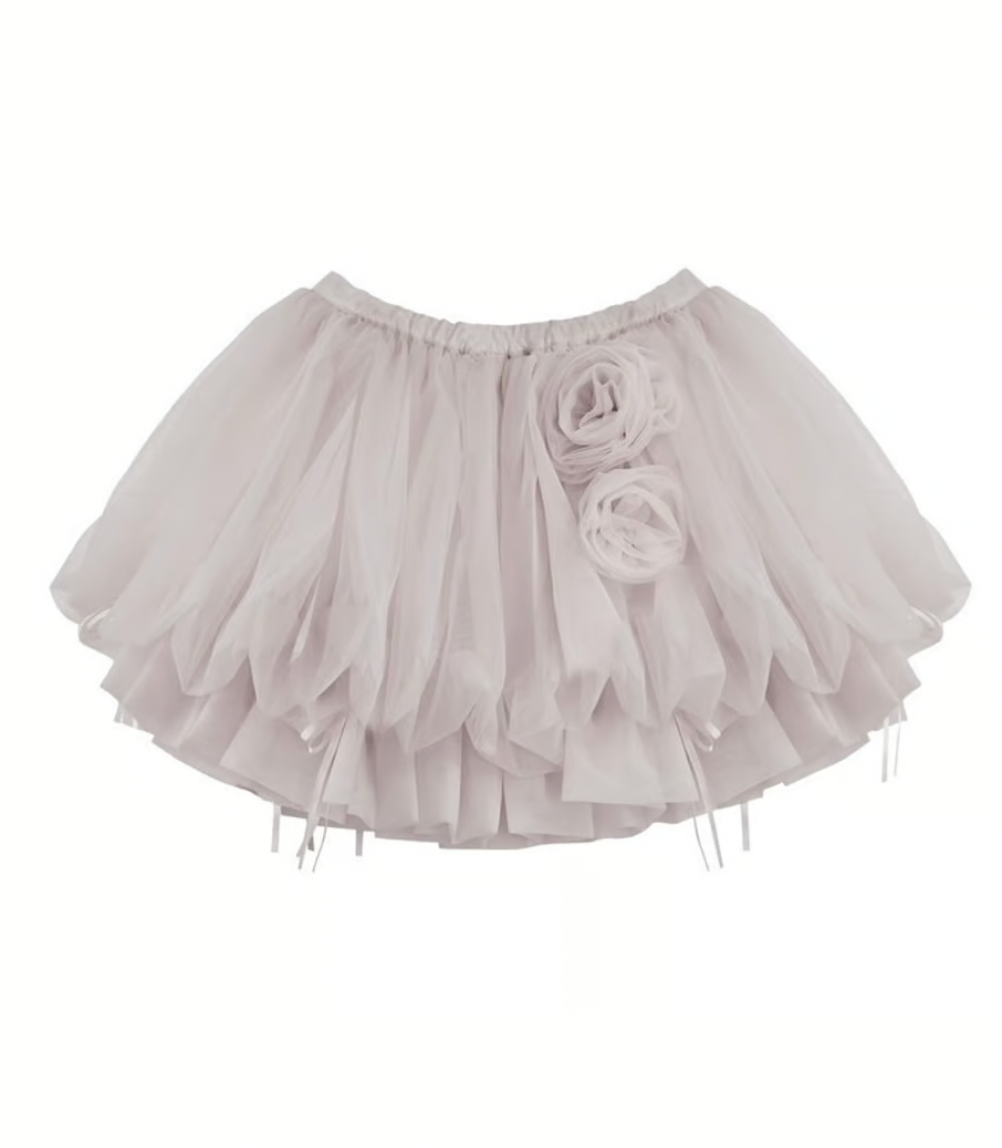 【Delivery within 2 weeks】Rose motif ribbon tulle skirt(mini)