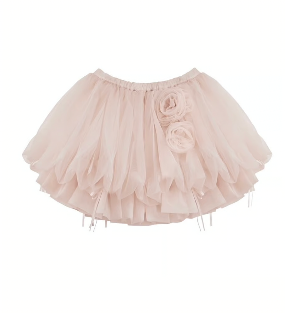 【Delivery within 2 weeks】Rose motif ribbon tulle skirt(mini)