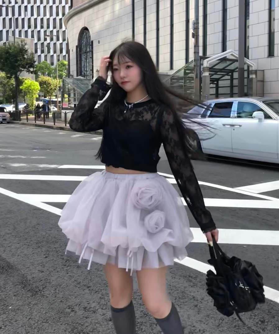 【Delivery within 2 weeks】Rose motif ribbon tulle skirt(mini)