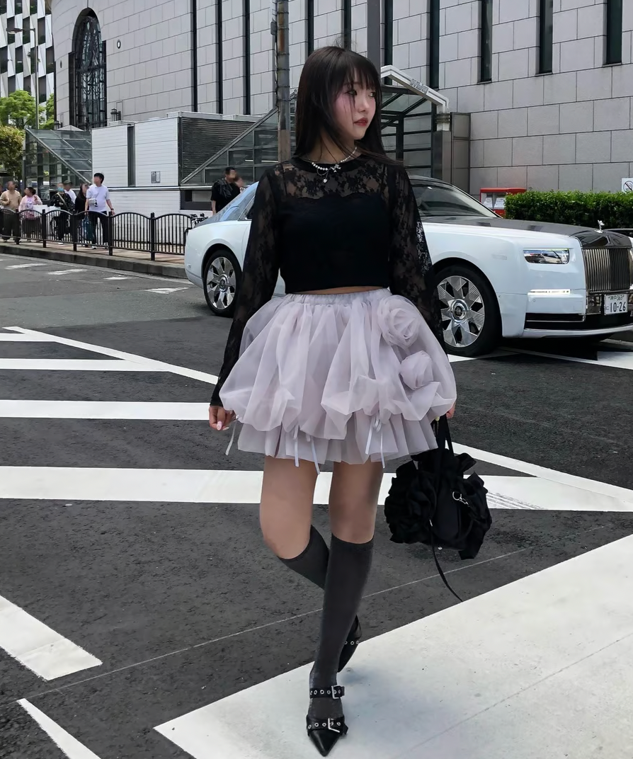 【Delivery within 2 weeks】Rose motif ribbon tulle skirt(mini)