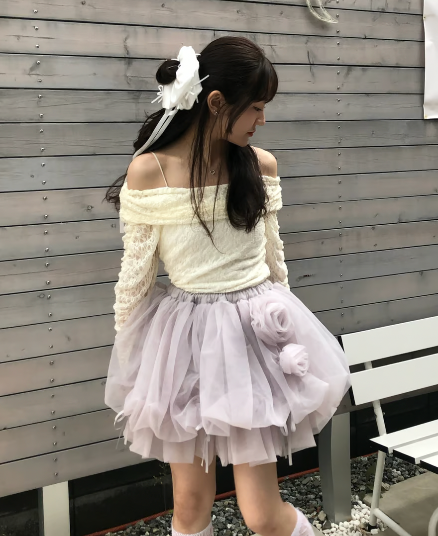 【Delivery within 2 weeks】Rose motif ribbon tulle skirt(mini)