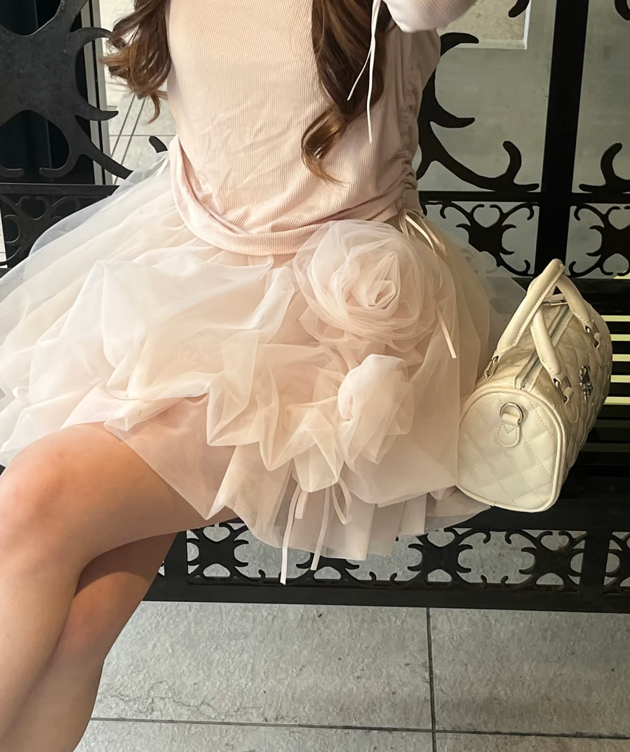 【Delivery within 2 weeks】Rose motif ribbon tulle skirt(mini)