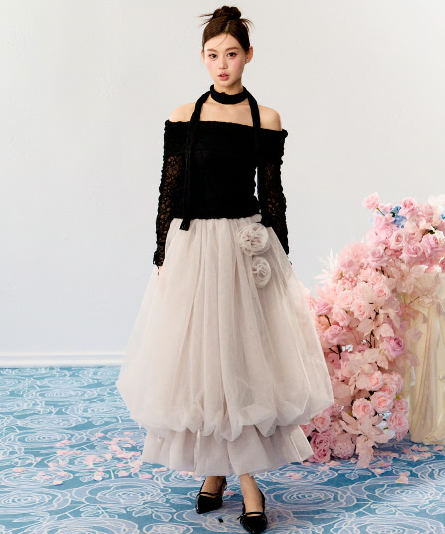 【Delivery within 2 weeks】Rose motif ribbon tulle skirt(long)