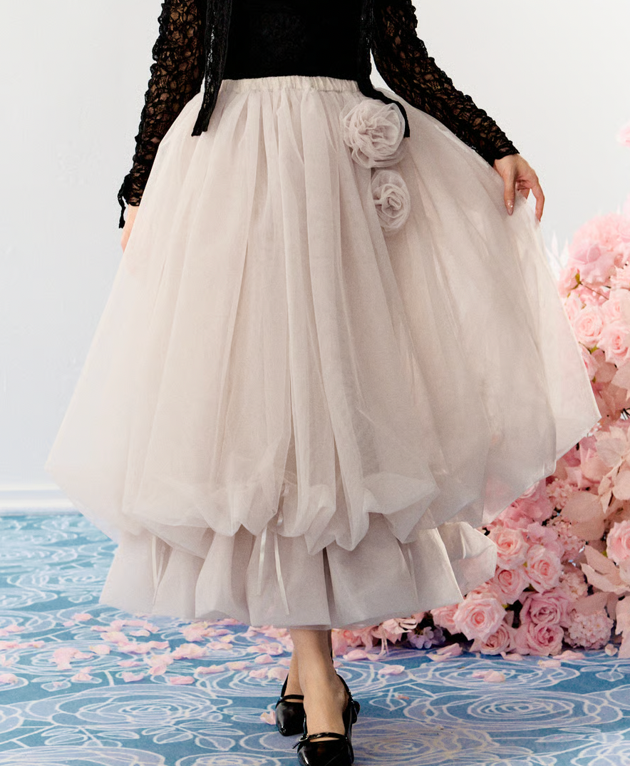 【Delivery within 2 weeks】Rose motif ribbon tulle skirt(long)
