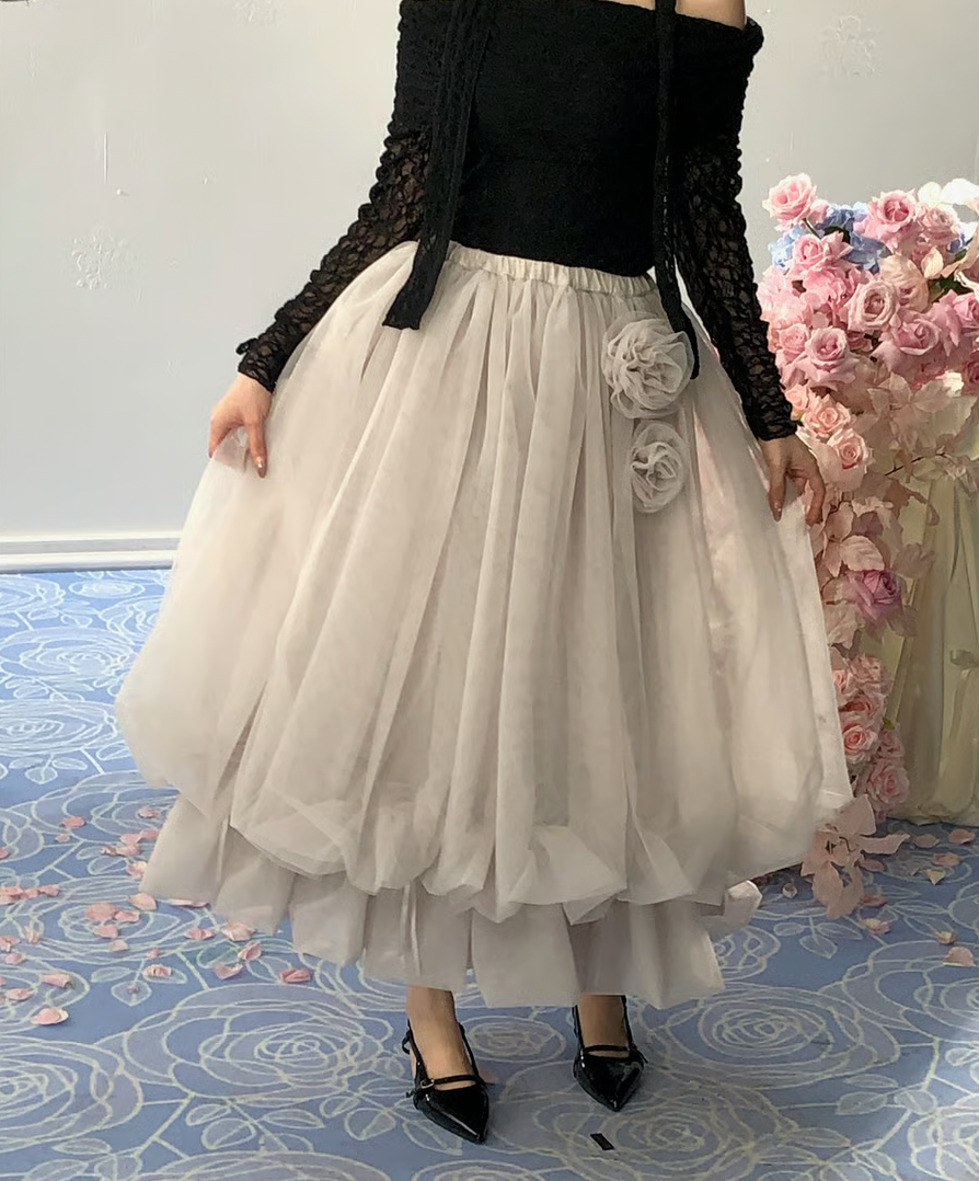 【Delivery within 2 weeks】Rose motif ribbon tulle skirt(long)