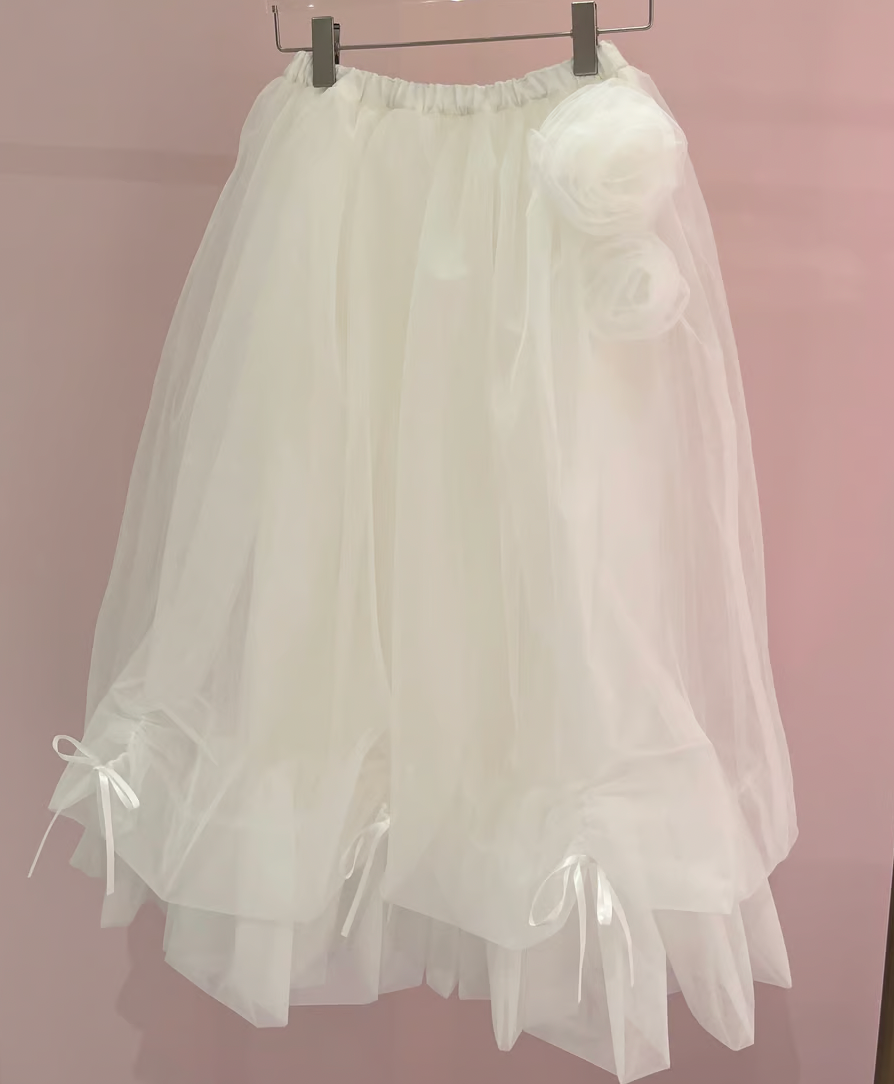 【Delivery within 2 weeks】Rose motif ribbon tulle skirt(long)