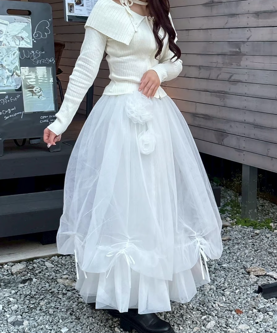 【Delivery within 2 weeks】Rose motif ribbon tulle skirt(long)