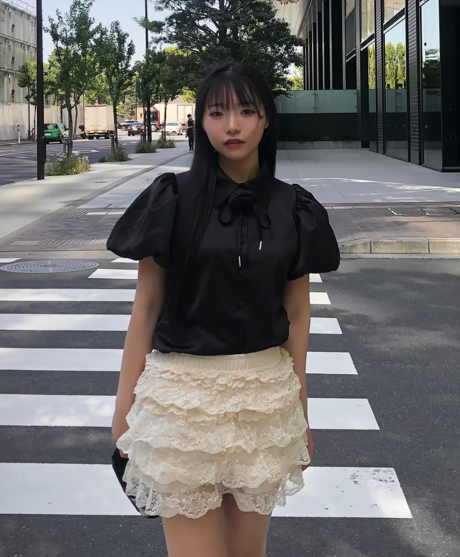 Rose choker satin puff blouse