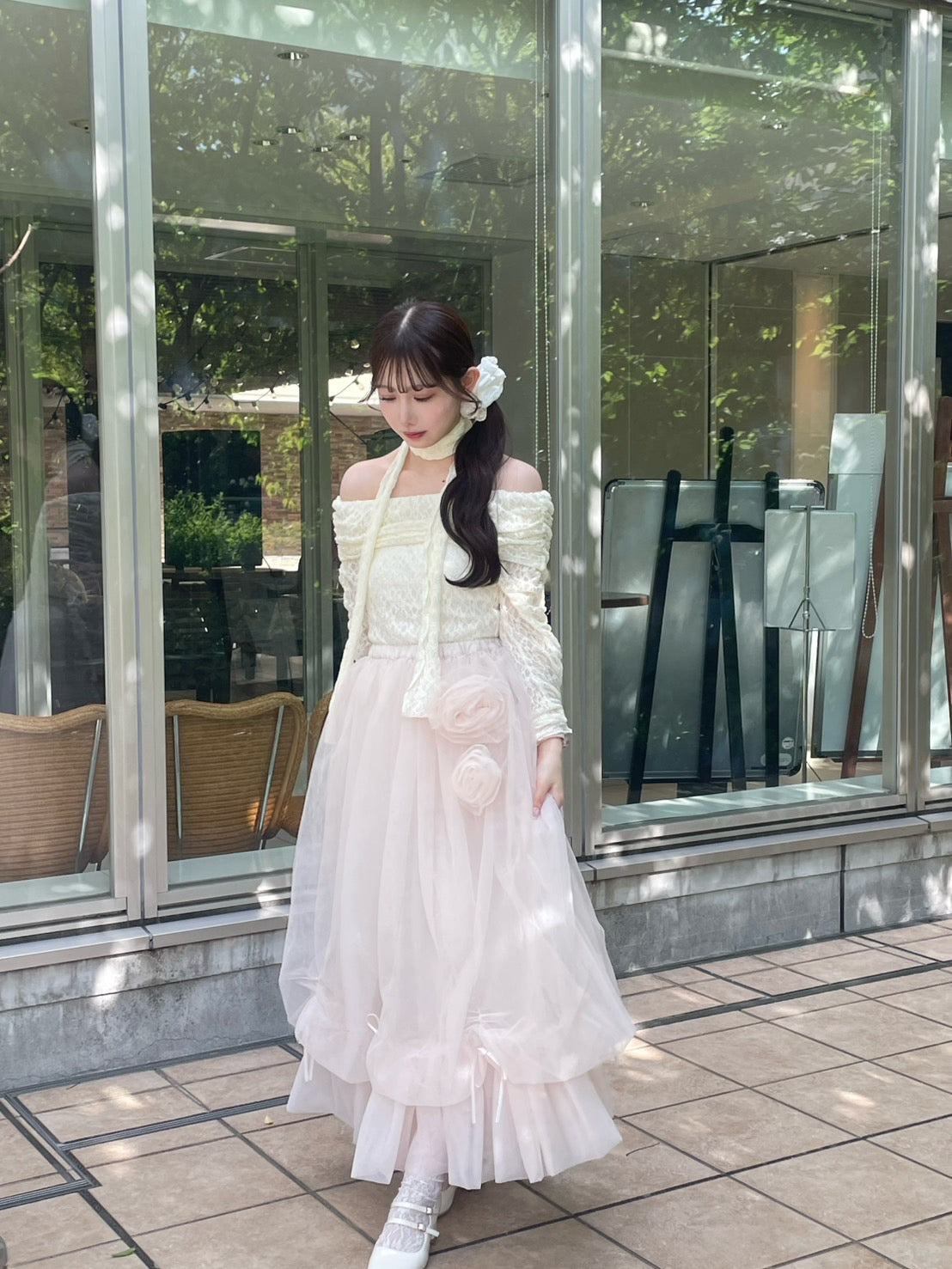 【Delivery within 2 weeks】Rose motif ribbon tulle skirt(long)
