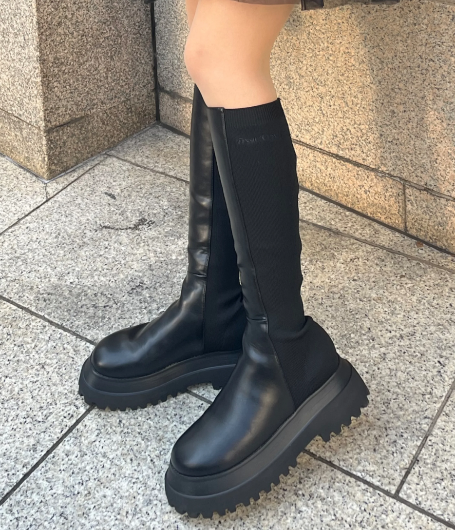 original knit leather slim boots