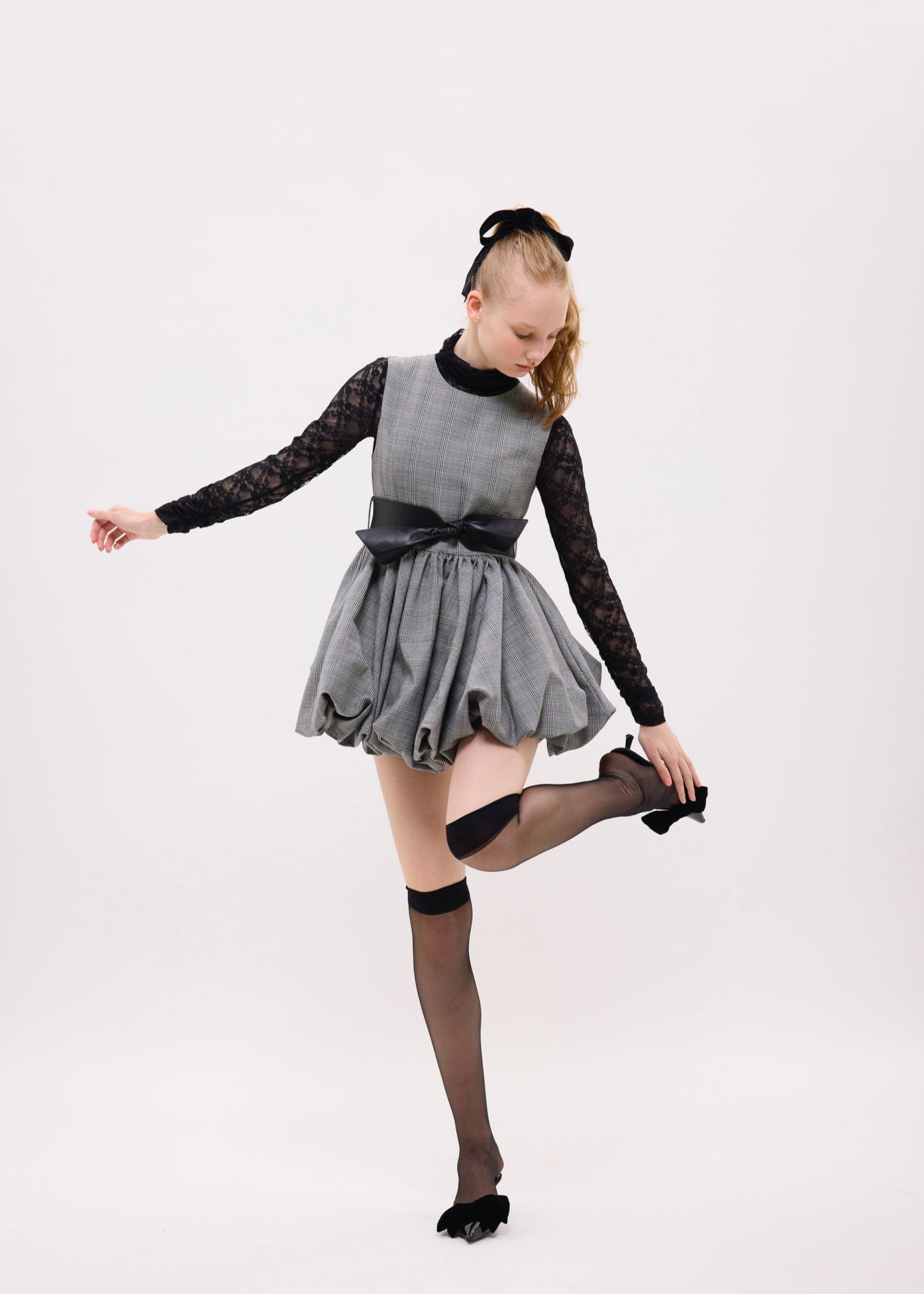 tartan check balloon one-piece