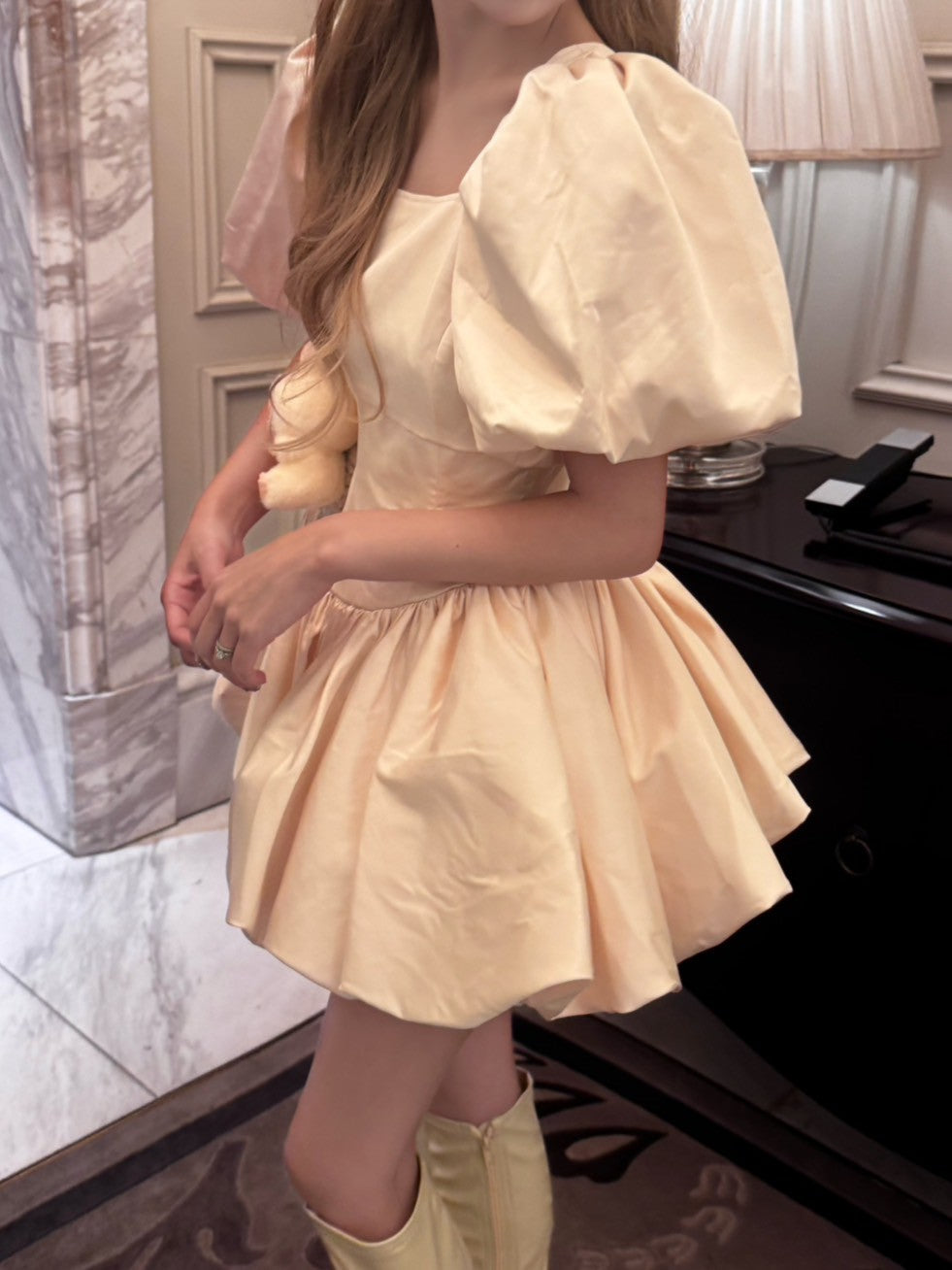 puff sleeve balloon mini one-piece(pink beige)
