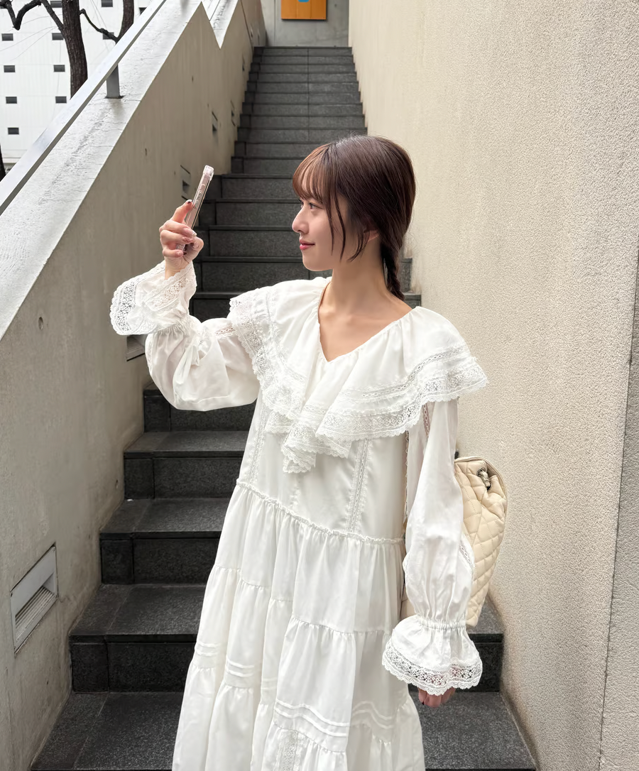 【Delivery in early February】lace frill collar cotton long one piece