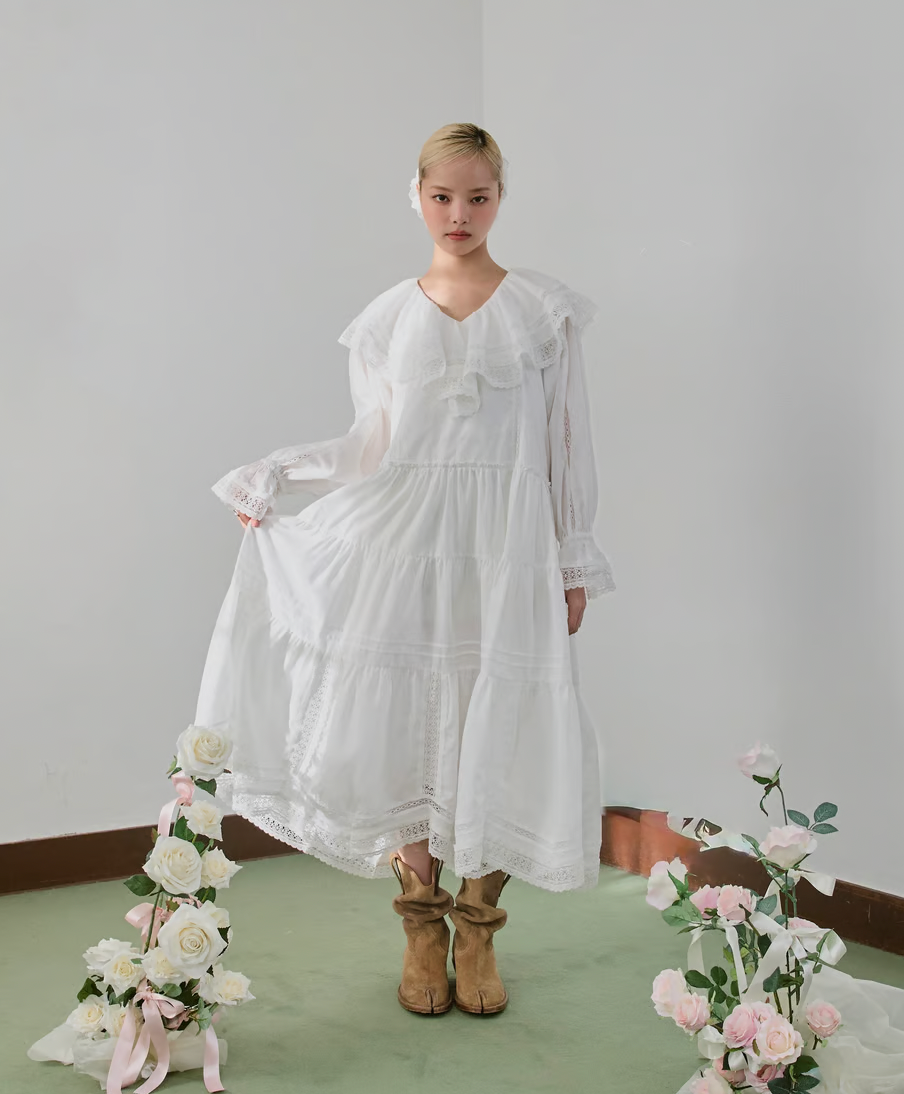 【Delivery in early February】lace frill collar cotton long one piece