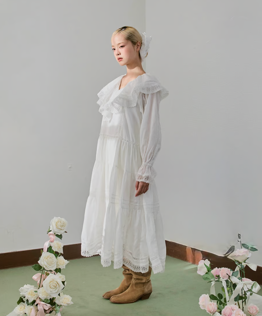 【Delivery in early February】lace frill collar cotton long one piece