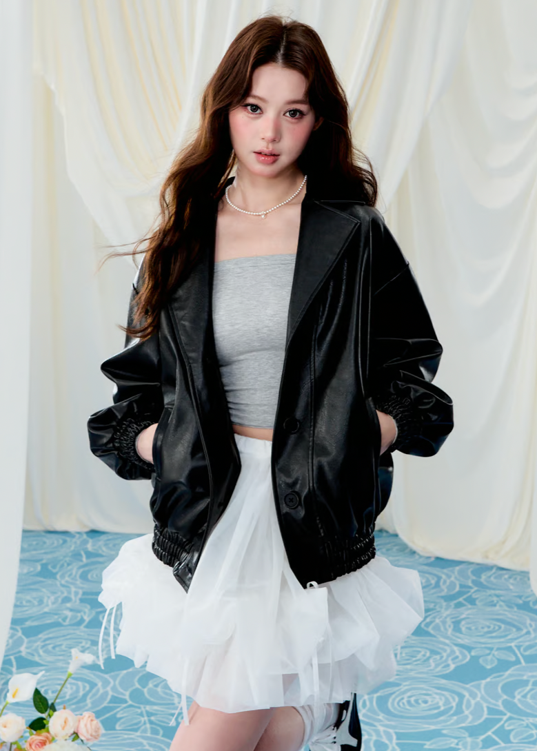 Back Ribbon leather jacket(black)