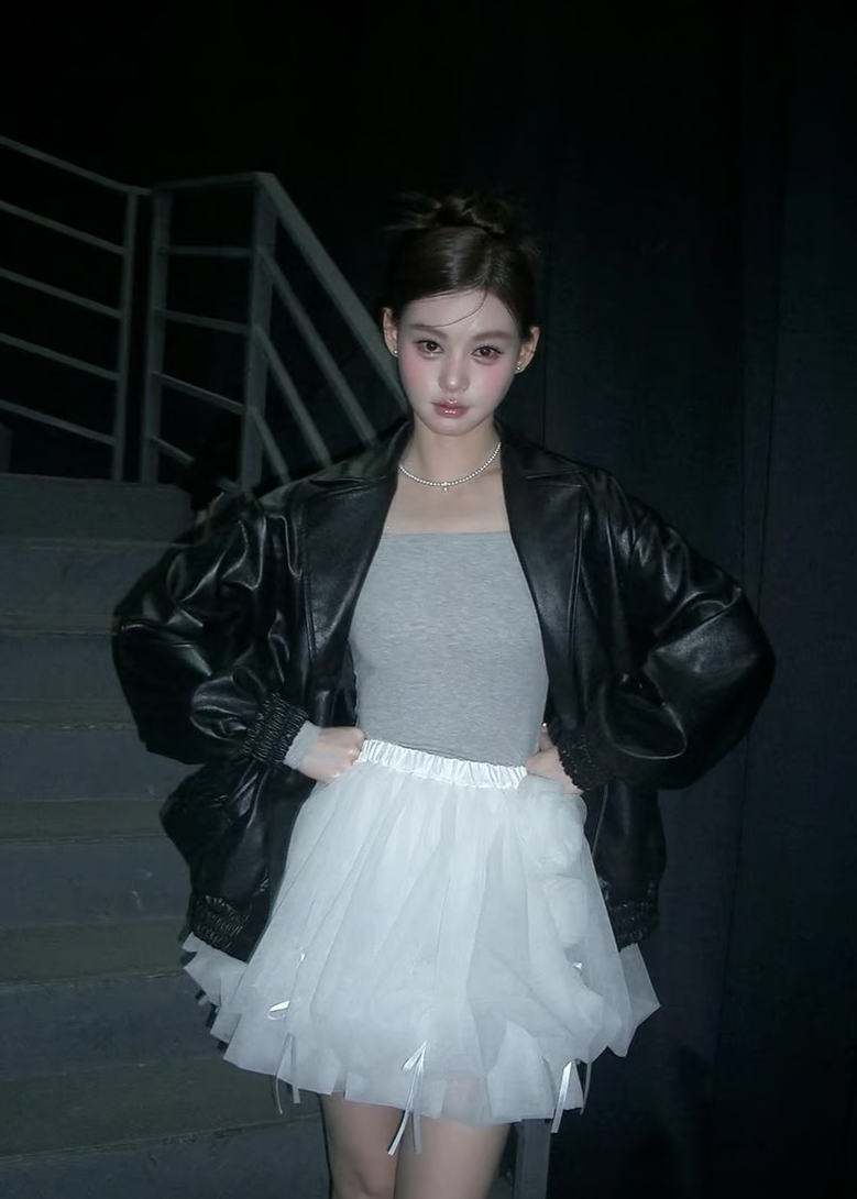 Back Ribbon leather jacket(black)