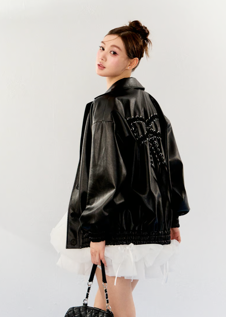 Back Ribbon leather jacket(black)