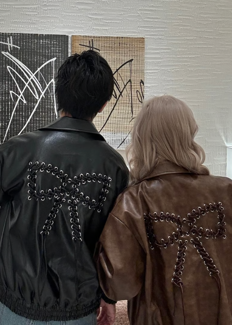 Back Ribbon leather jacket(black)