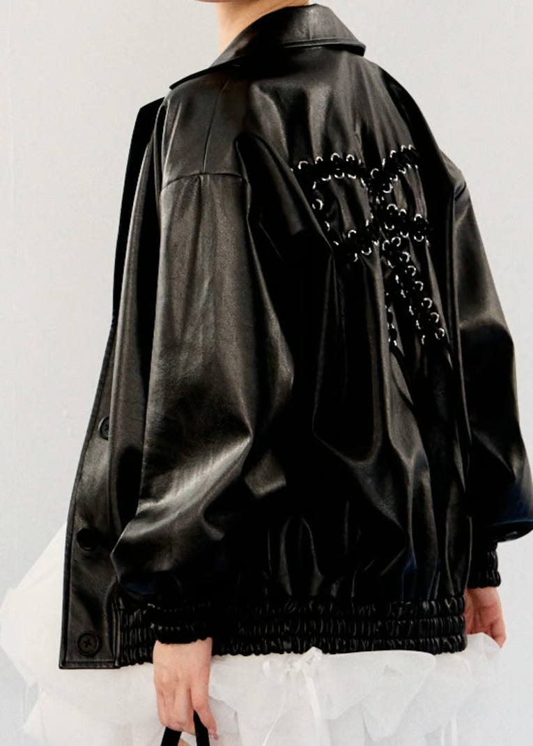 Back Ribbon leather jacket(black)