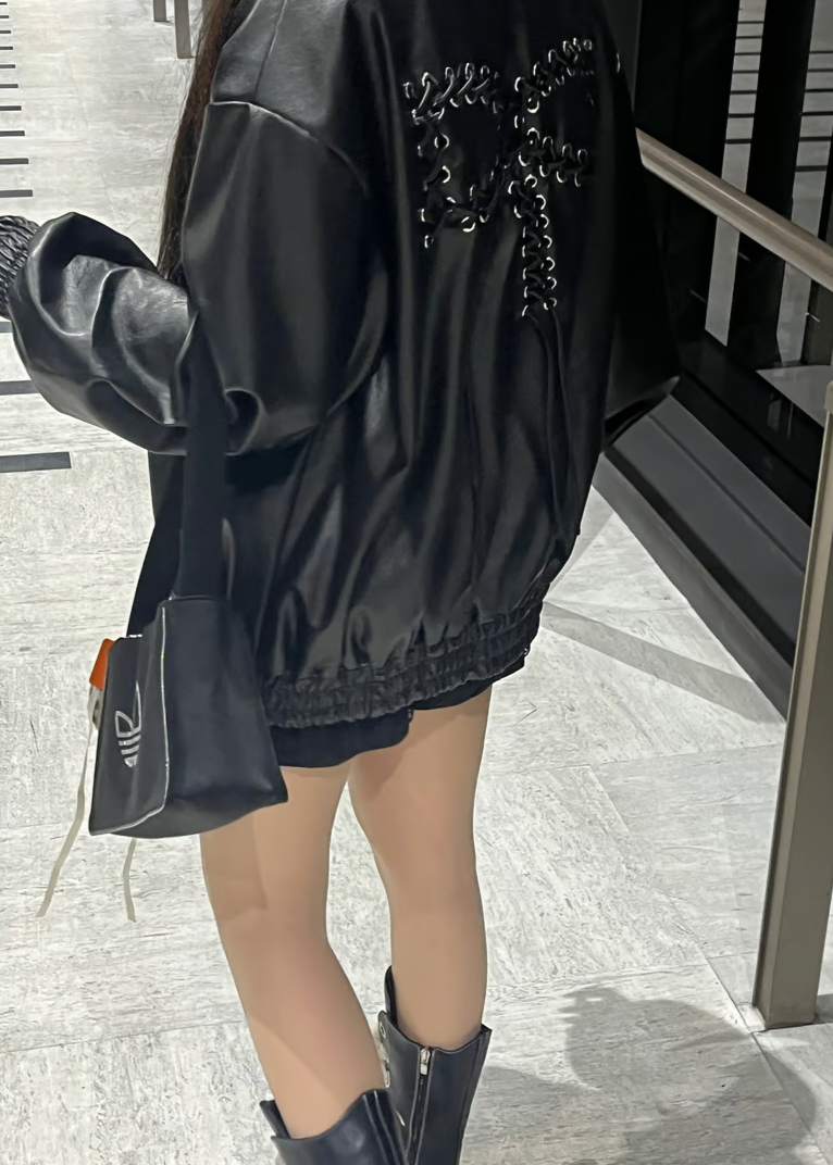 Back Ribbon leather jacket(black)