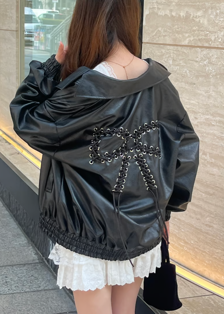 Back Ribbon leather jacket(black)