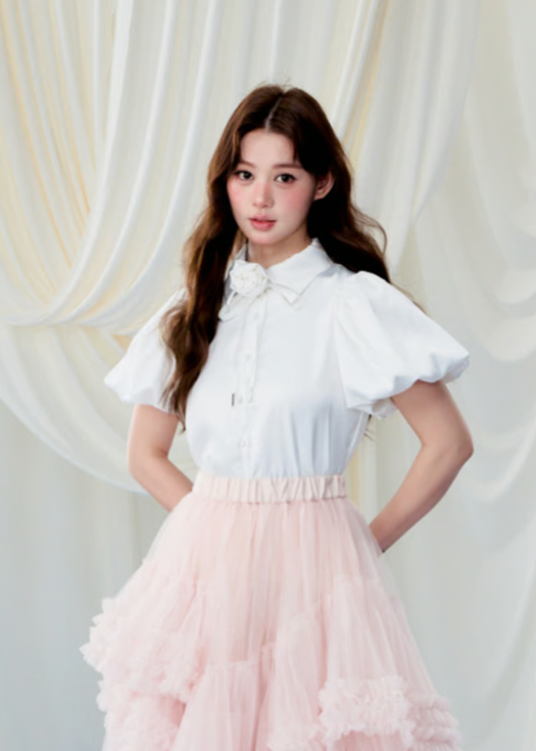 Rose choker satin puff blouse