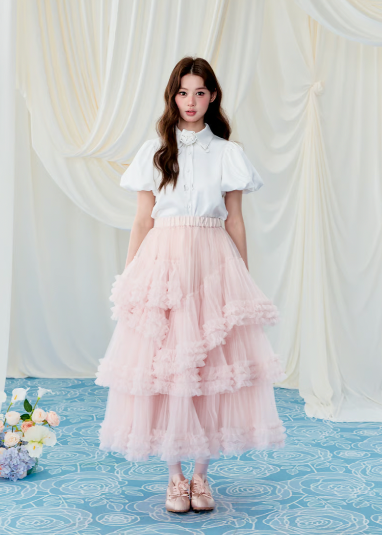 Rose choker satin puff blouse