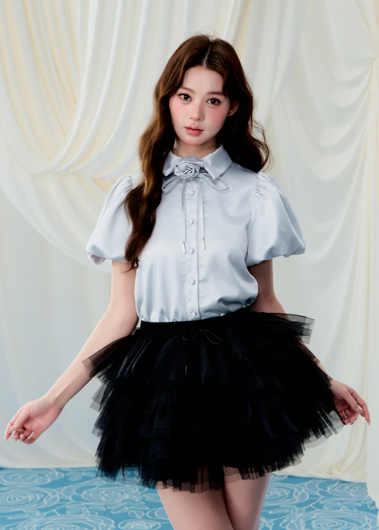 Rose choker satin puff blouse