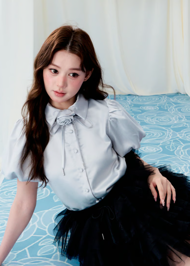 Rose choker satin puff blouse