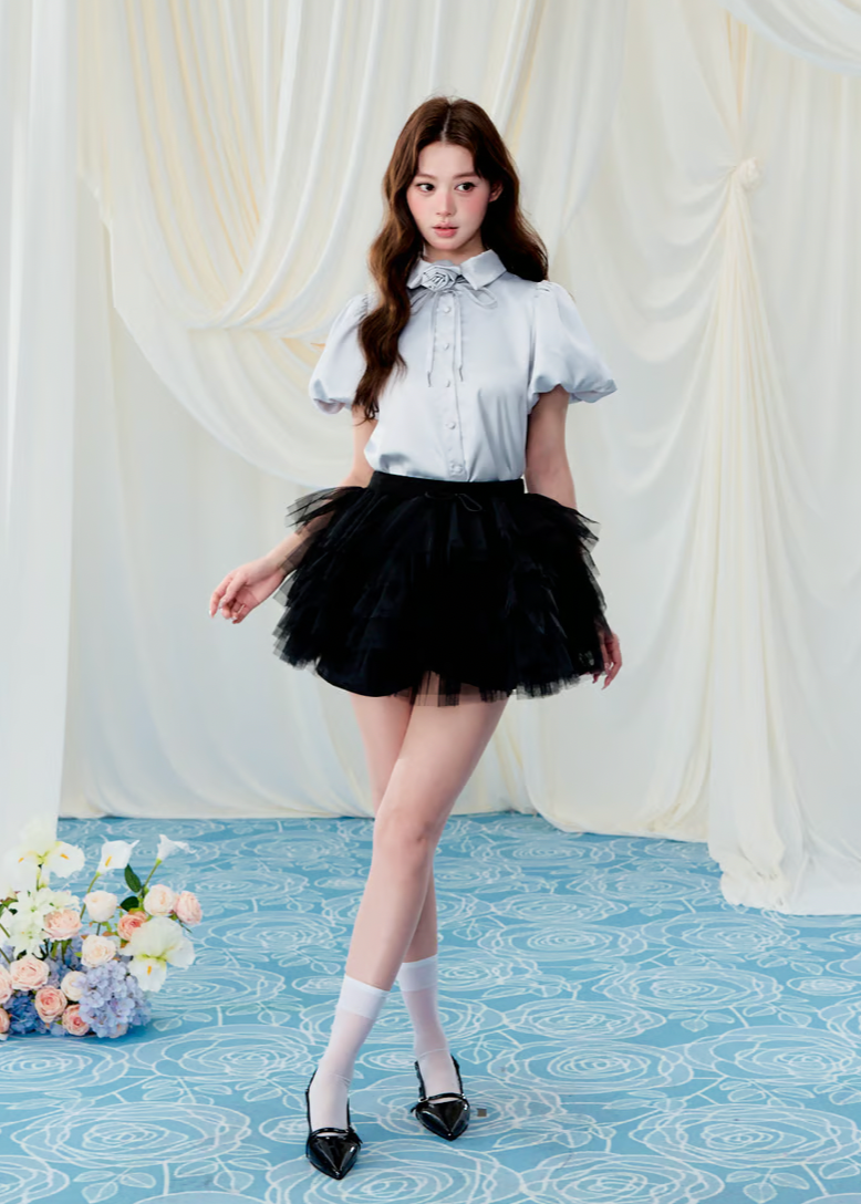 Rose choker satin puff blouse