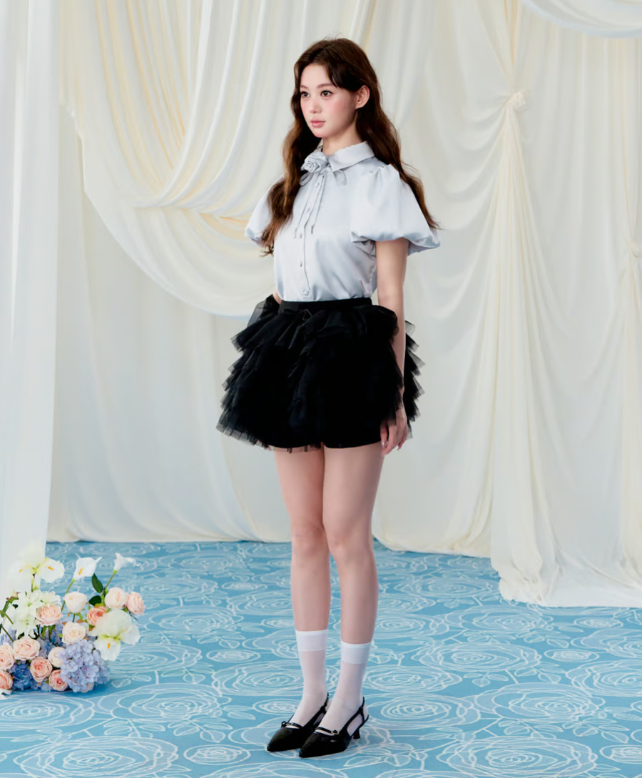 Rose choker satin puff blouse