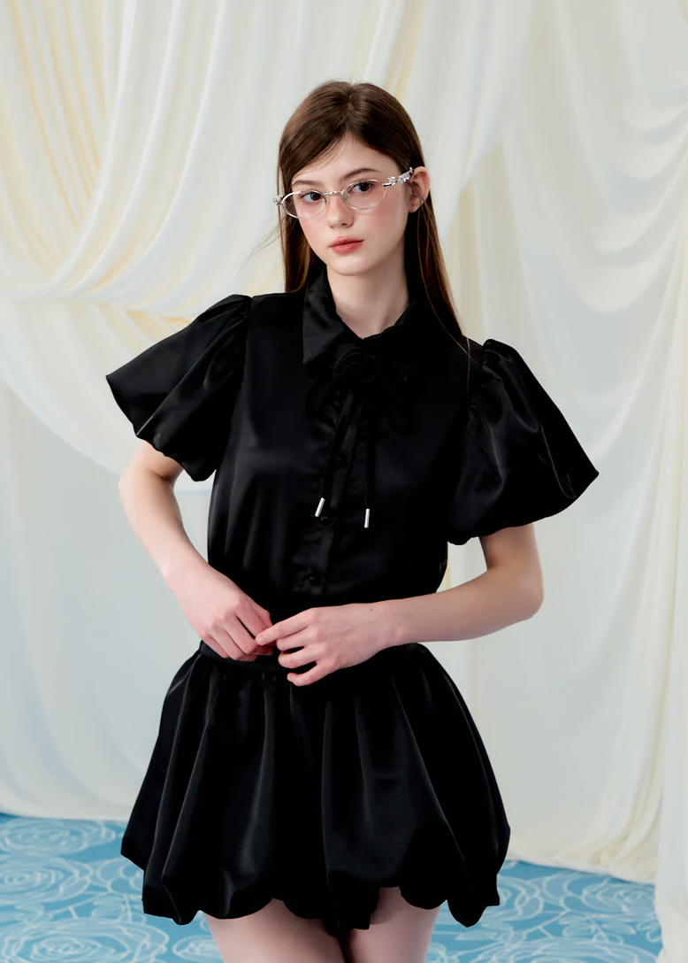Rose choker satin puff blouse